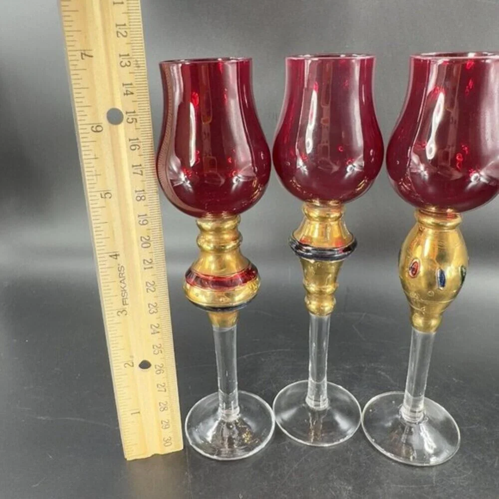 Bombay Company Romanov Ruby Gold Long Stem Cordial Glasses Cadmium UV Glow Set 3